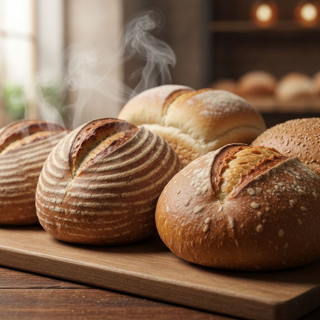 A selection of freshly baked artisan bread loaves — sourdough, white and wholemeal — on a rustic wooden board