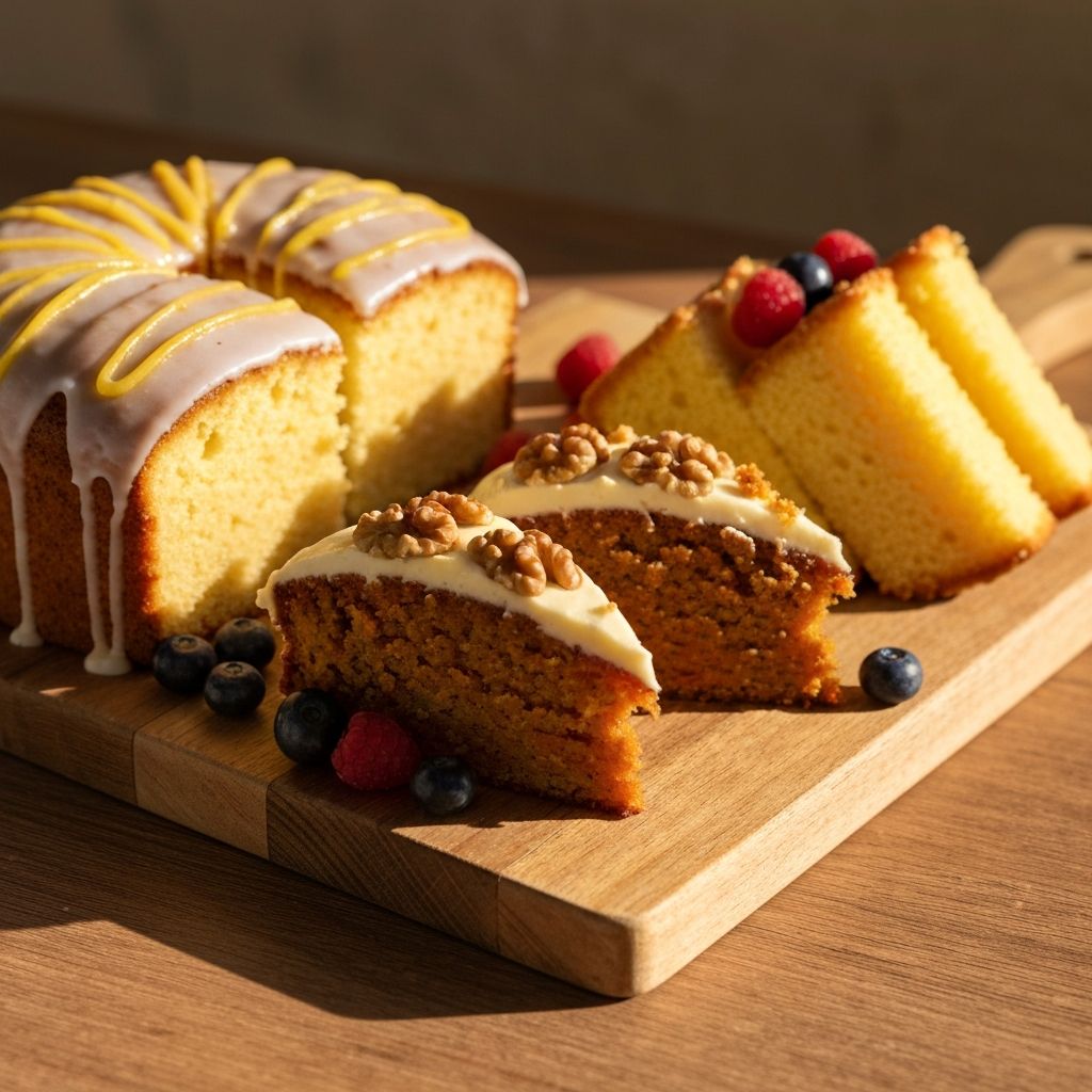 Display of homemade bakery cakes including iced sponge and carrot cake on a rustic serving board