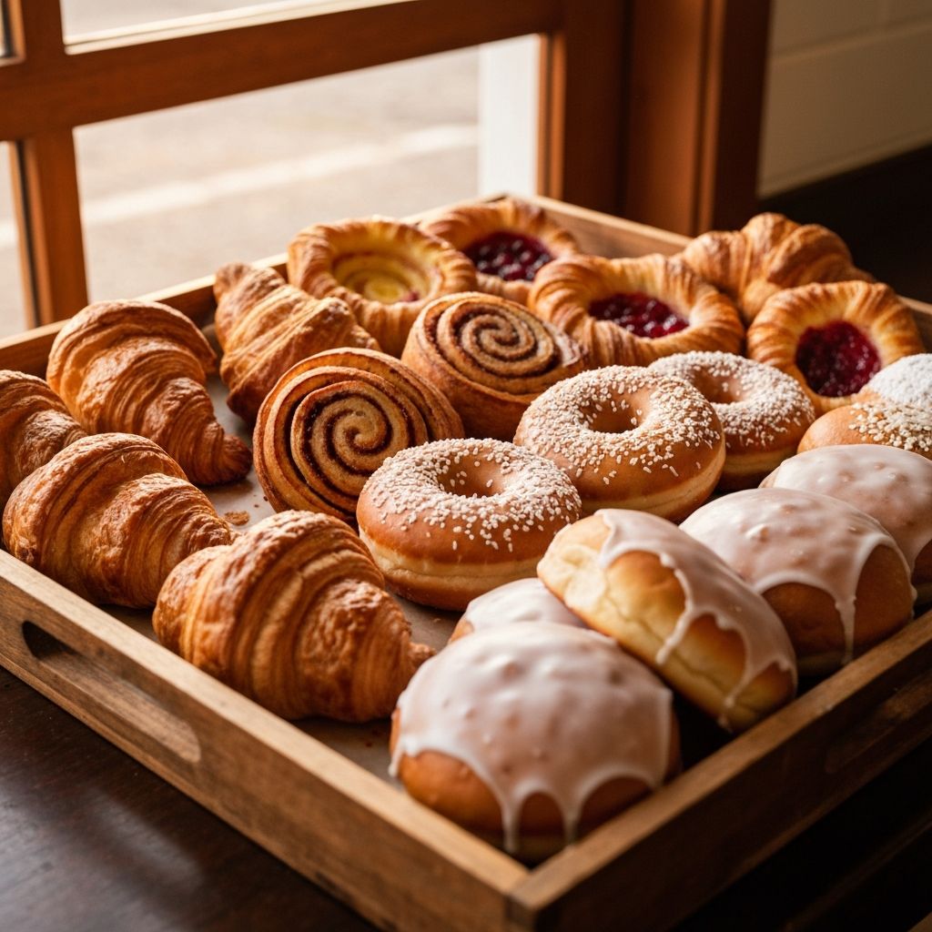 A tray of freshly baked pastries including croissants, scrolls and iced finger buns in a country bakery