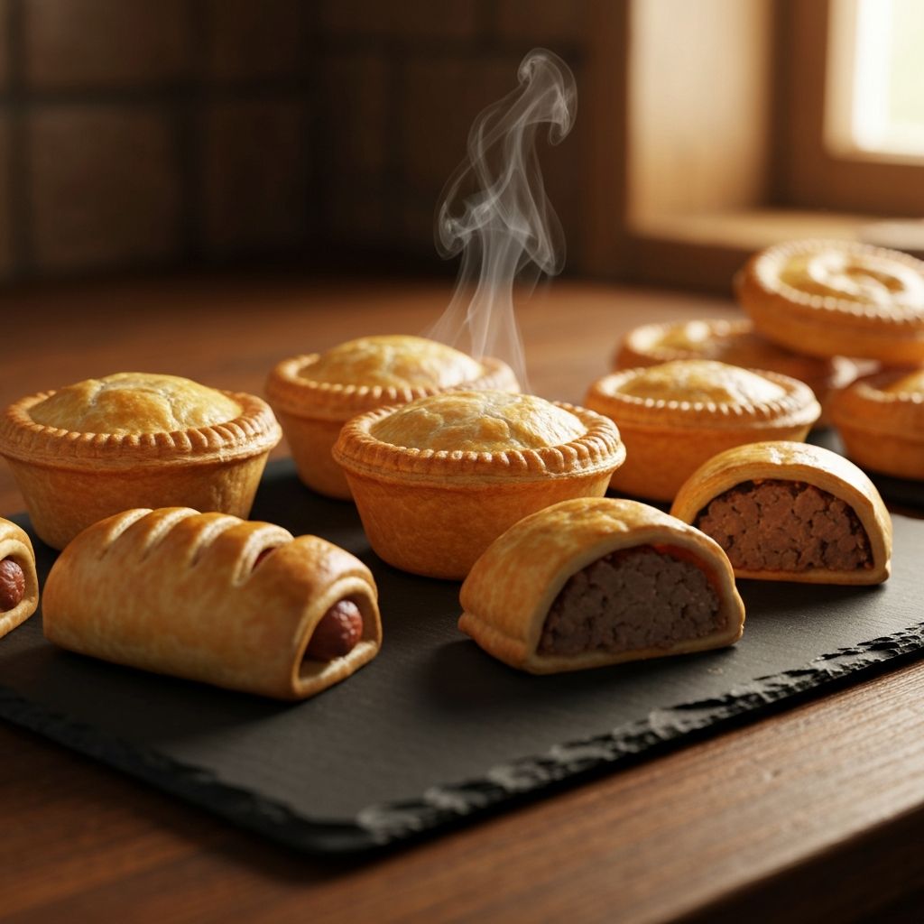 Freshly baked Australian meat pies and sausage rolls with flaky golden pastry on a slate board